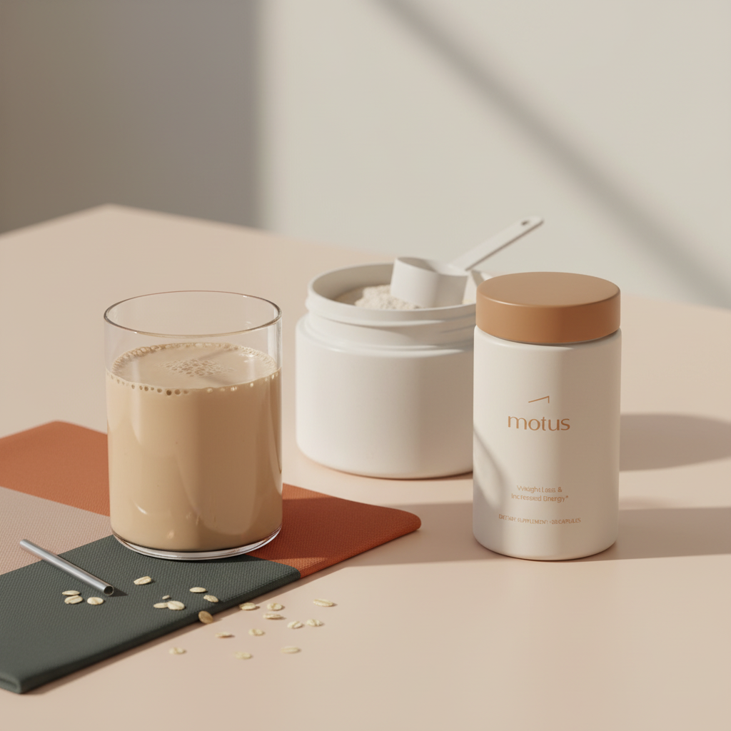 Minimalist breakfast still-life with a glass of mixed protein shake, open protein powder container and Tonum Motus jar on a clean surface, showcasing best meal replacement protein