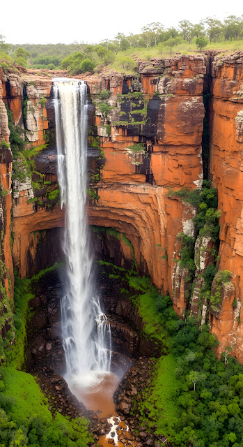 Majestic Waterfall Plunge into Red Sandstone Gorge - Free mobile Wallpaper