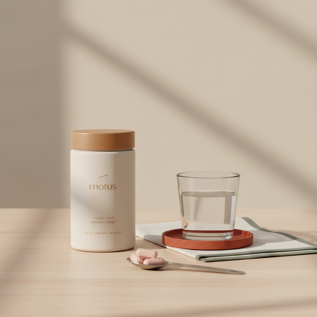 Minimalist product photo of Motus supplement bottle on light wood with linen napkin, glass of water and spoon of capsules on beige #F2E5D5 — how long does vitamin d3 take to work