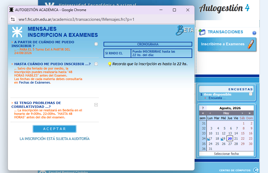 Pantalla de inscripción a examen