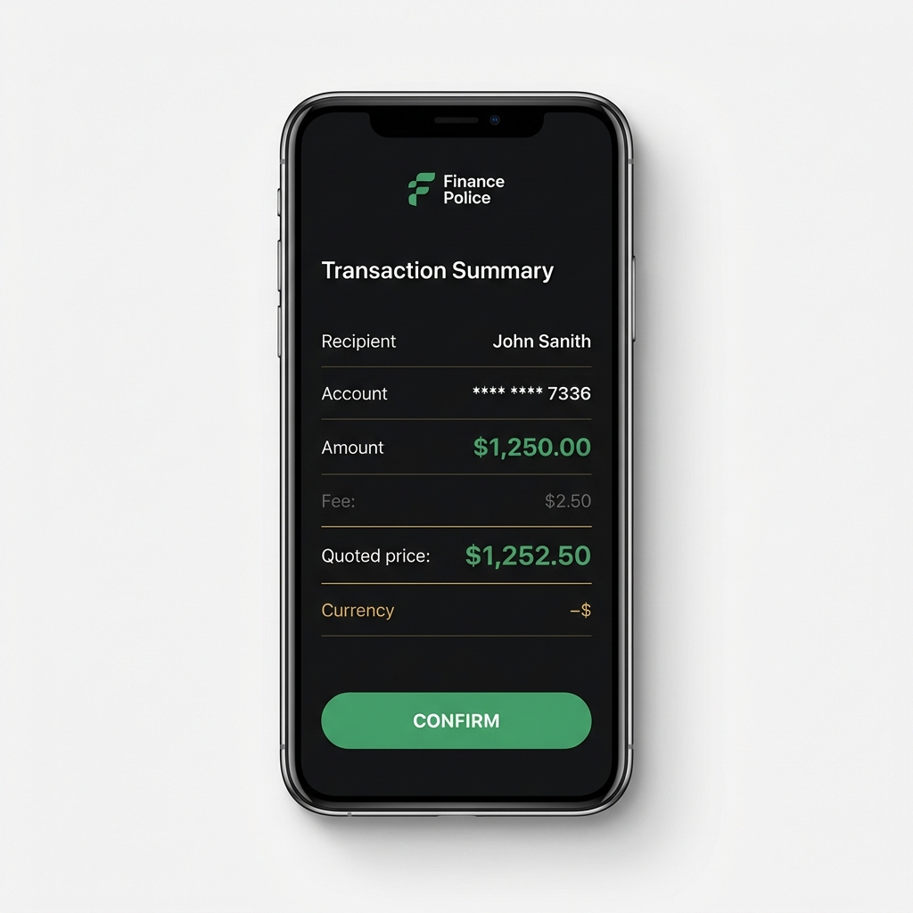 Close up mobile confirmation screen showing fee line and quoted price in a Finance Police dark interface with green highlights best place to buy crypto