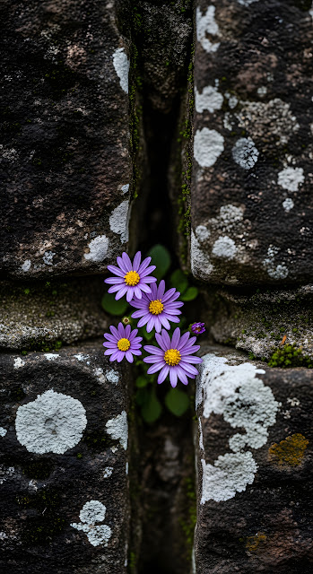 Delicate Purple Flowers Growing from Rough Granite Rock - Free mobile Wallpaper