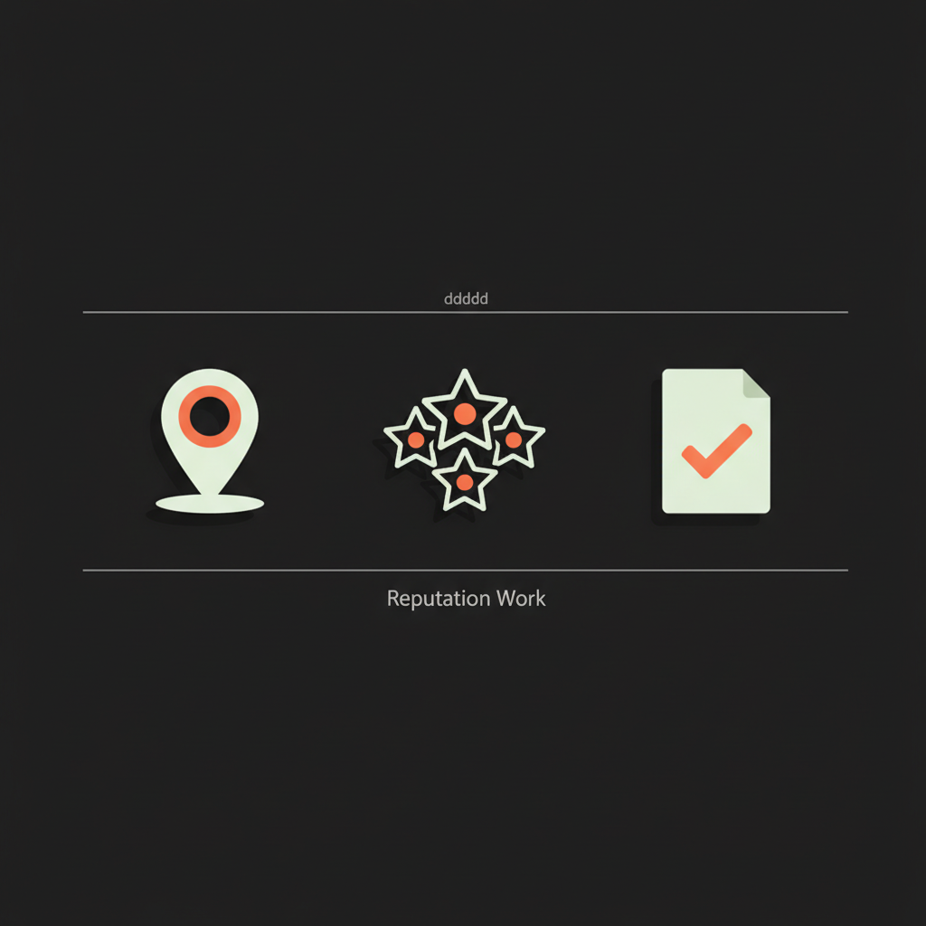 Minimal vector infographic on black background showing a map pin, five-star rating icons, and a document icon with the small label 'Reputation Work' to illustrate how to remove bad Google reviews
