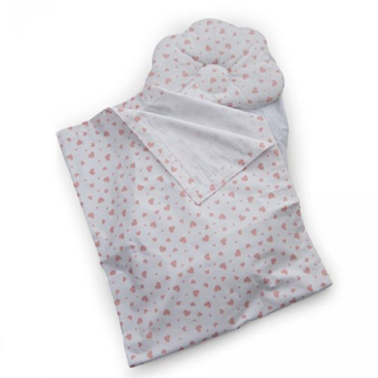 Набір в коляску Twins 100% бавовна (плед, подушка ортопедична, простирадло) Сердечка кораловий