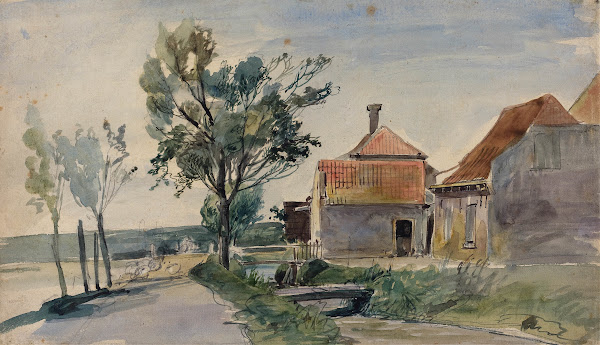 A Stream Running between Houses and a Road