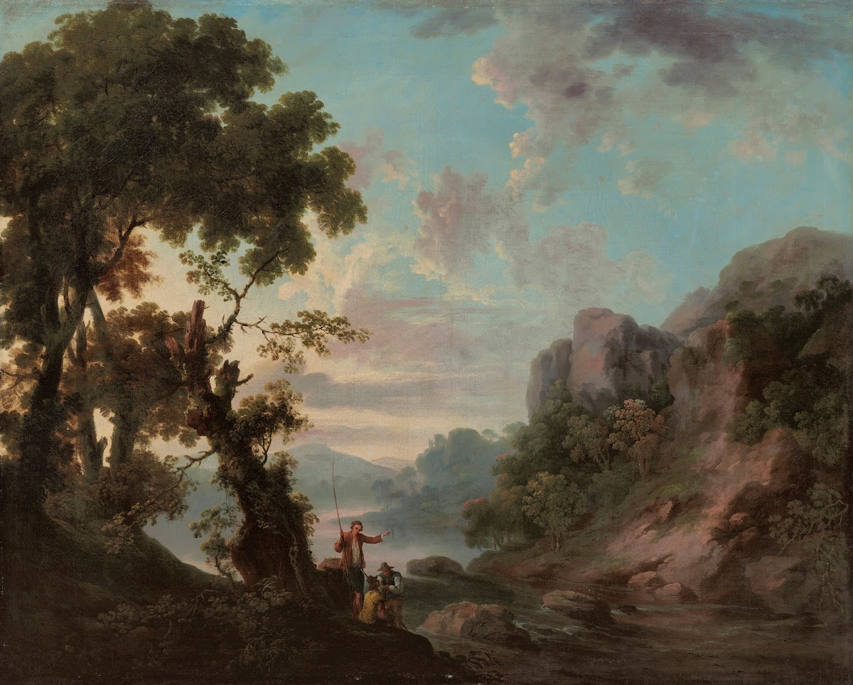 A wooded landscape with a lake anglers in the foreground