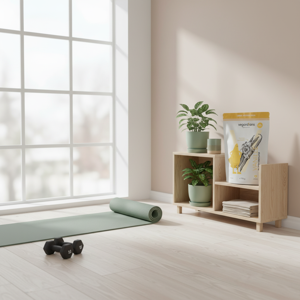 Minimalistisches skandinavisches Homegym mit Yogamatte, Kurzhanteln und Pflanzen im Winterlicht – motivierend für Muskelaufbau ab 40.