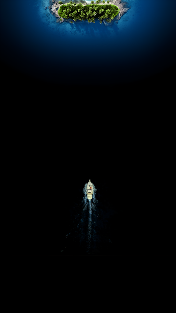 Small Boat Sailing Black Ocean Towards Tropical Island - Free mobile Wallpaper