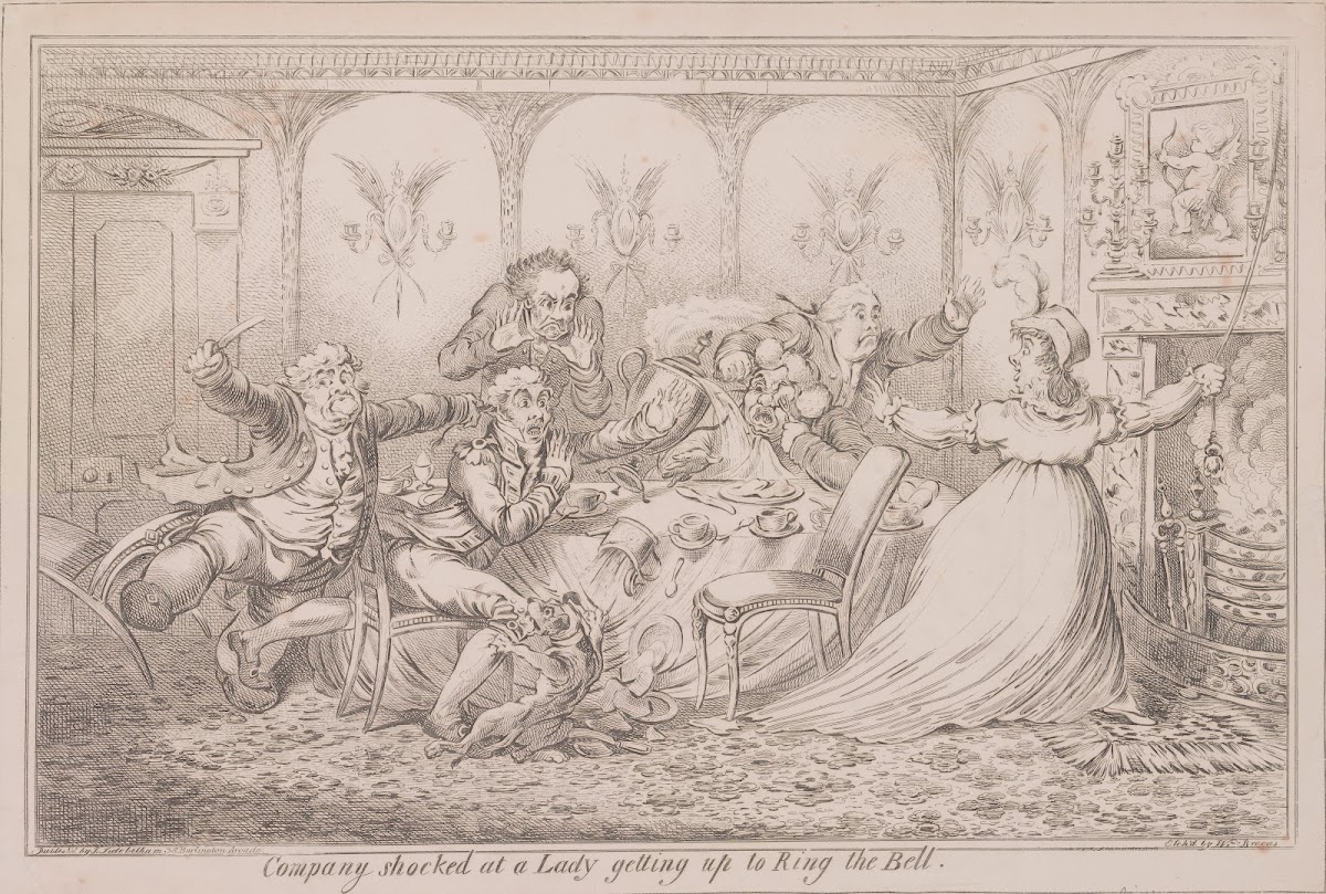 Company shocked at a lady getting up to ring the bell 1805