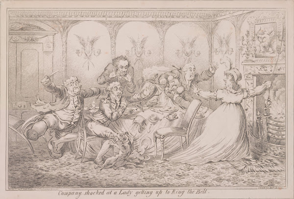Company shocked at a lady getting up to ring the bell 1805