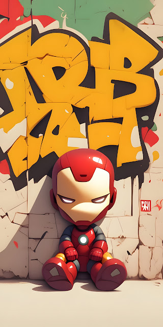 Chibi Iron Man Sitting Against Cracked Graffiti Wall - Free mobile Wallpaper