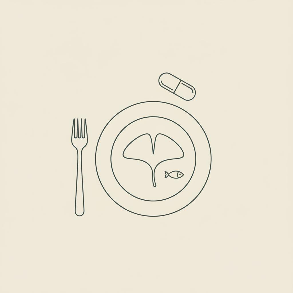 Minimalist Tonum-style vector line illustration of a capsule, fork and plate with a leaf and small fish on beige background — fastest way for a female to lose weight