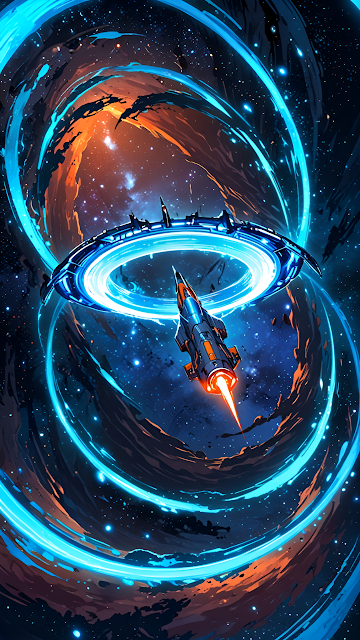 Neon Spaceship Entering Blue Galactic Wormhole Portal - Free mobile Wallpaper