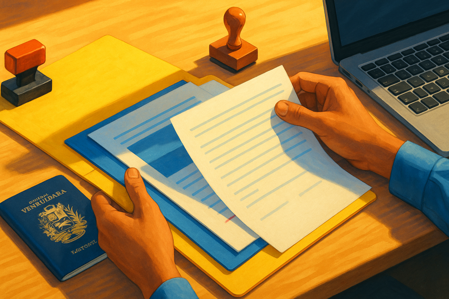 Carpeta de trámites y pasaporte con documentos apostillados para migrantes venezolanos