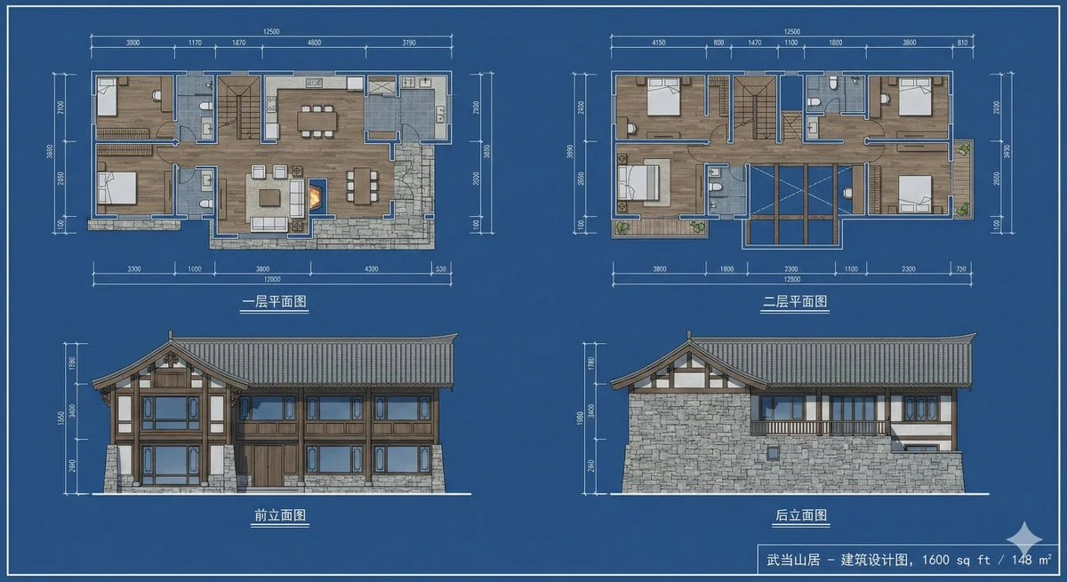 Plano de diseño de un dúplex tradicional chino en la montaña Wudang.