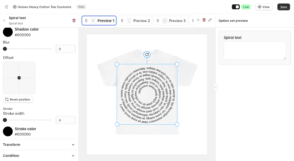 Stroke width and Stroke color fields below the Shadow controls