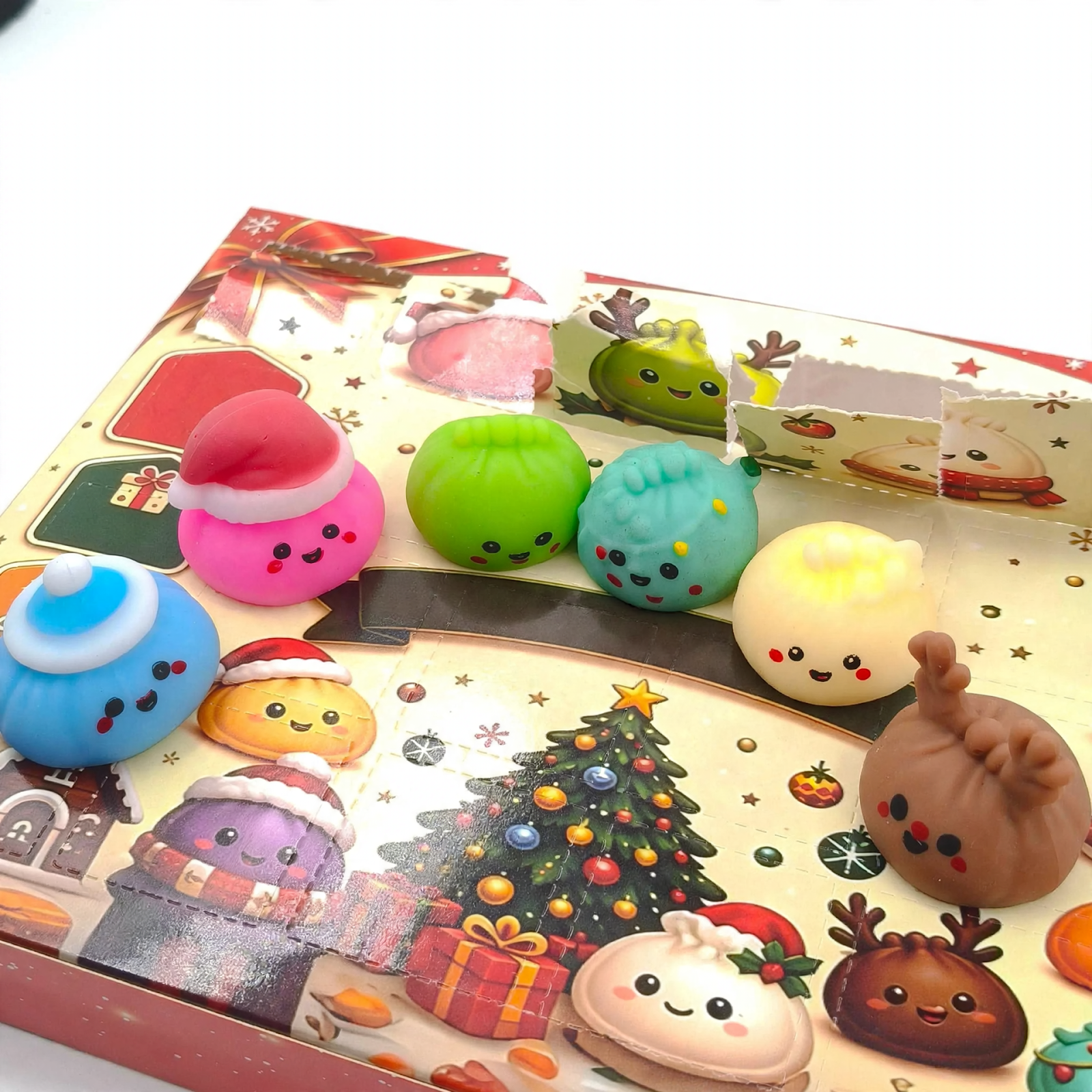 Adventskalender mit 24 Quetschfiguren in Obst- und Gemüseform