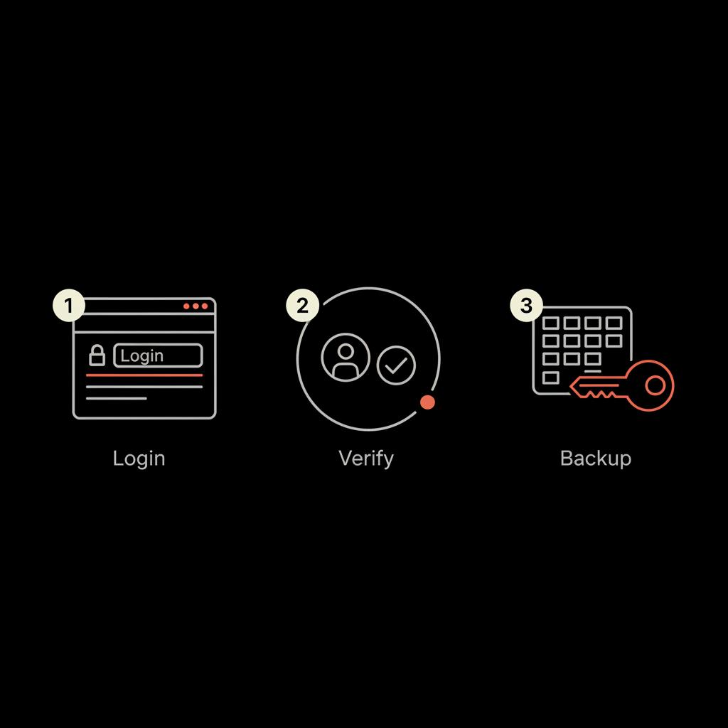Minimal vector infographic for google account recovery showing a browser icon, verification prompt modal and backup codes symbol on black background with grey icons and subtle cream accents and orange highlight