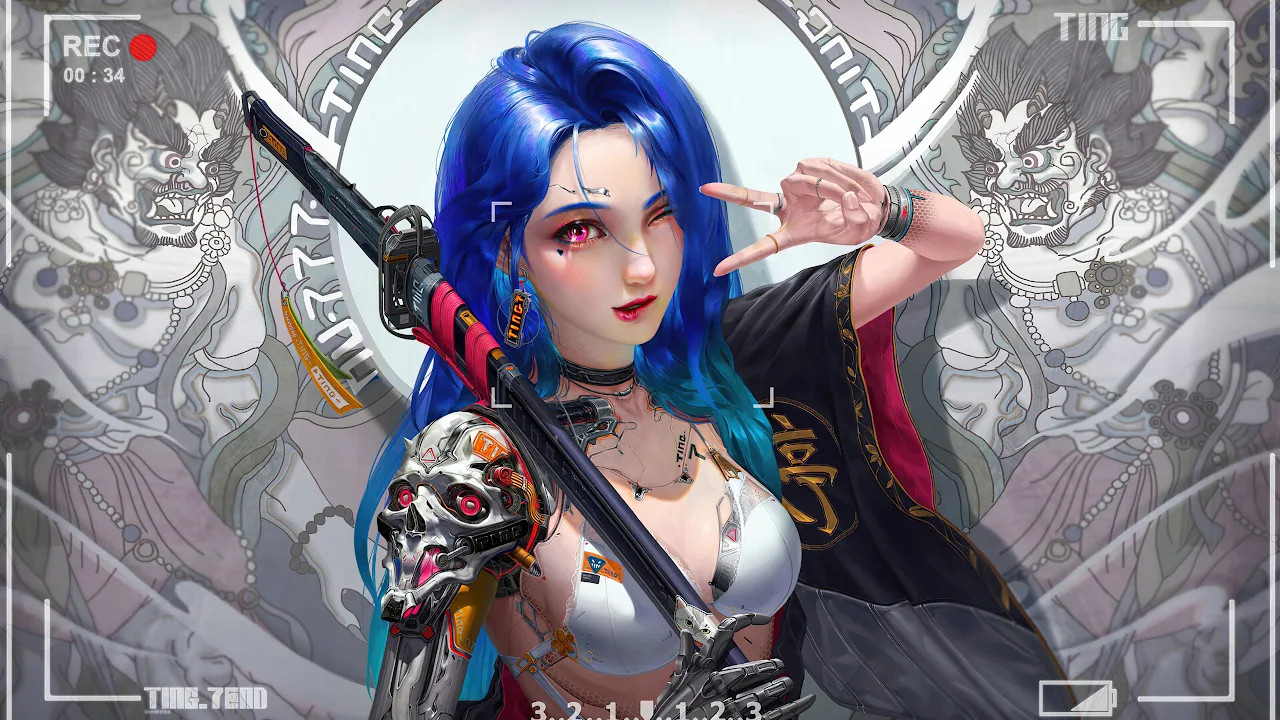 Anime Girls, Cyberpunk, Samurai, Blue Hair, Purple Eyes 4K Desktop Wallpaper