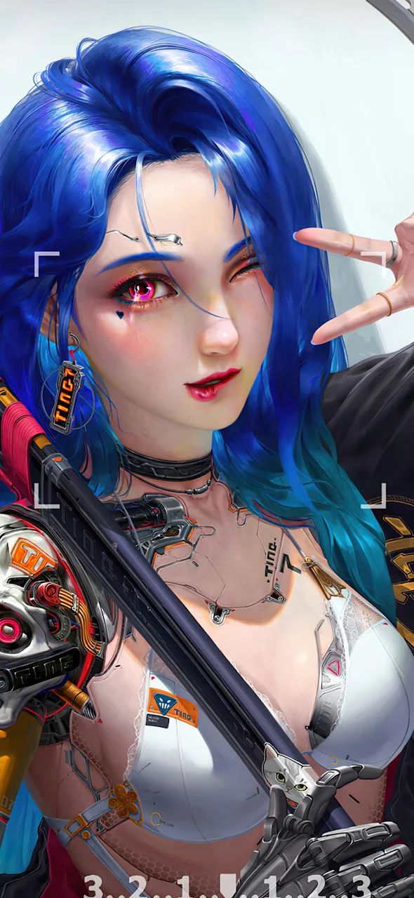 Anime Girls, Cyberpunk, Samurai, Blue Hair, Purple Eyes 4K Phone Wallpaper