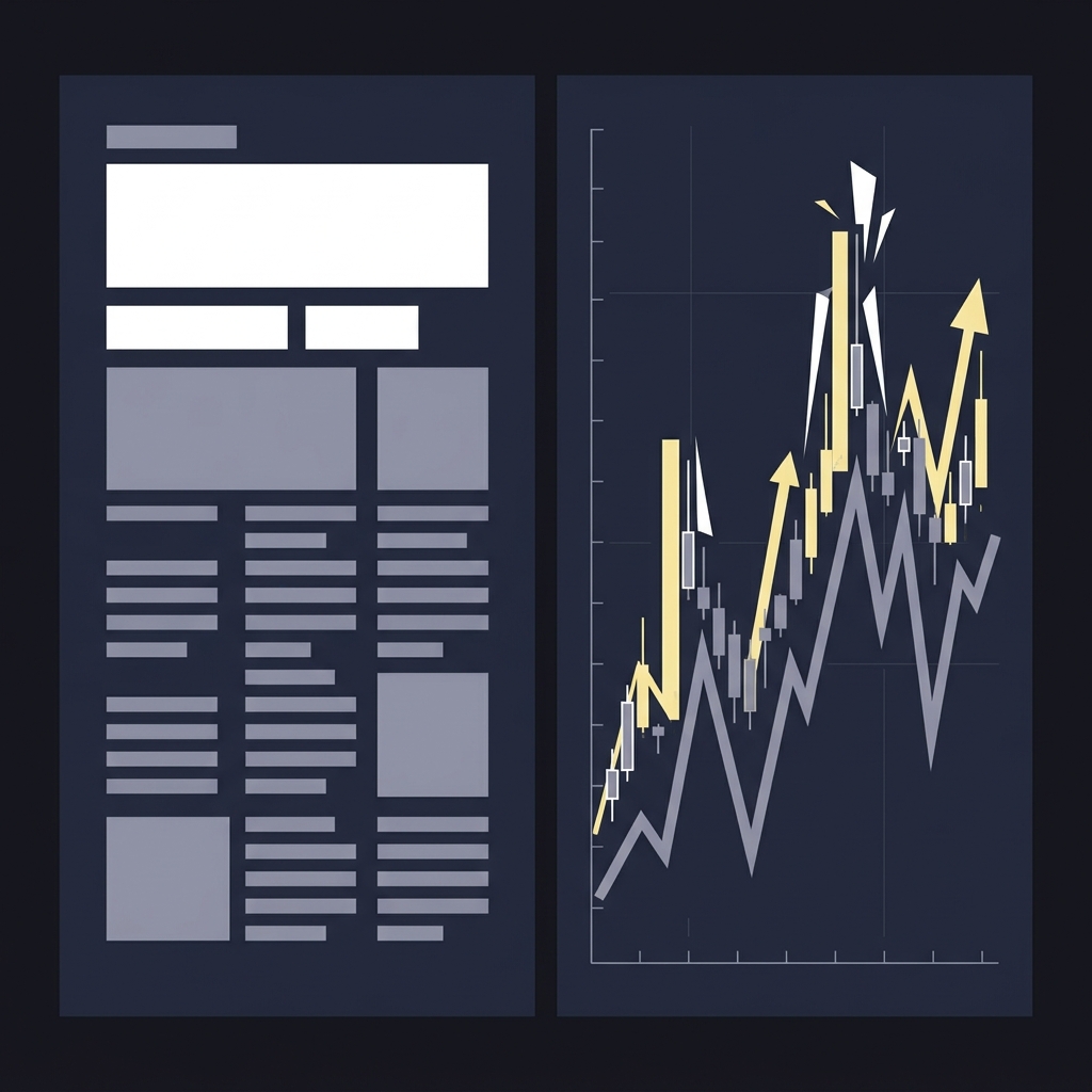 Split 2D vector showing a news layout and a volatile price chart on a dark Funded Plays brand background illustrating Why Live Markets Move So Quickly