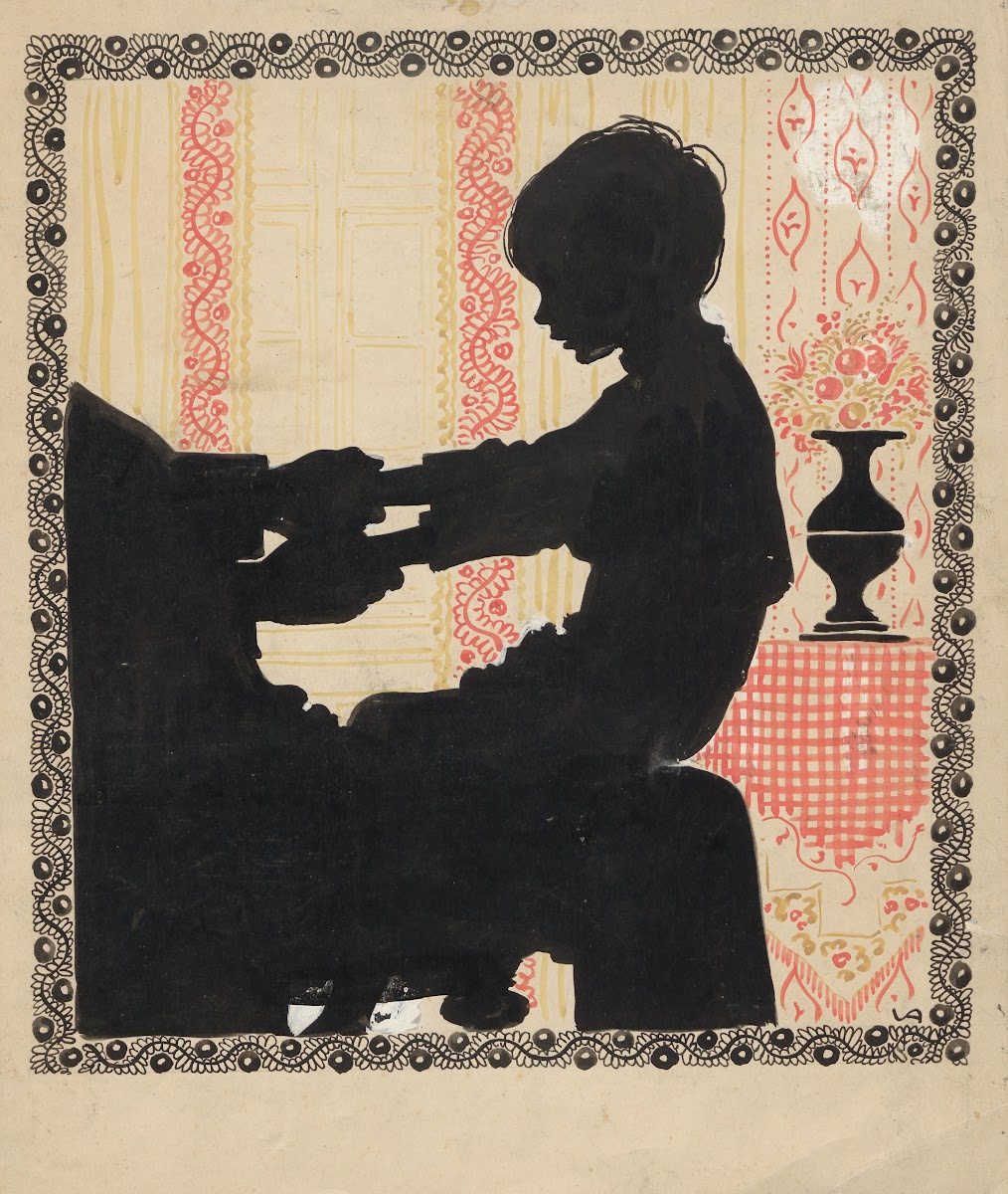 Silhouette of a little boy sitting on an adults lap 1895 1928
