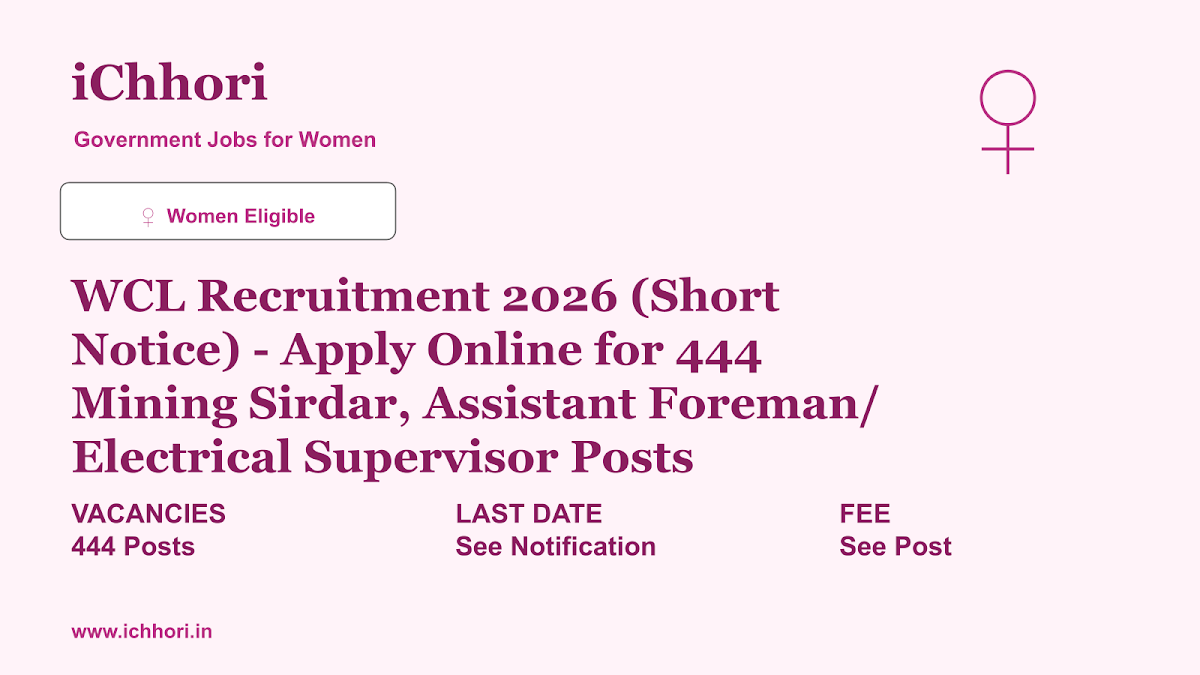 WCL Recruitment 2026 (Short Notice) - Apply Online for 444 Mining Sirdar, Assistant Foreman/ Electrical Supervisor Posts - iChhori