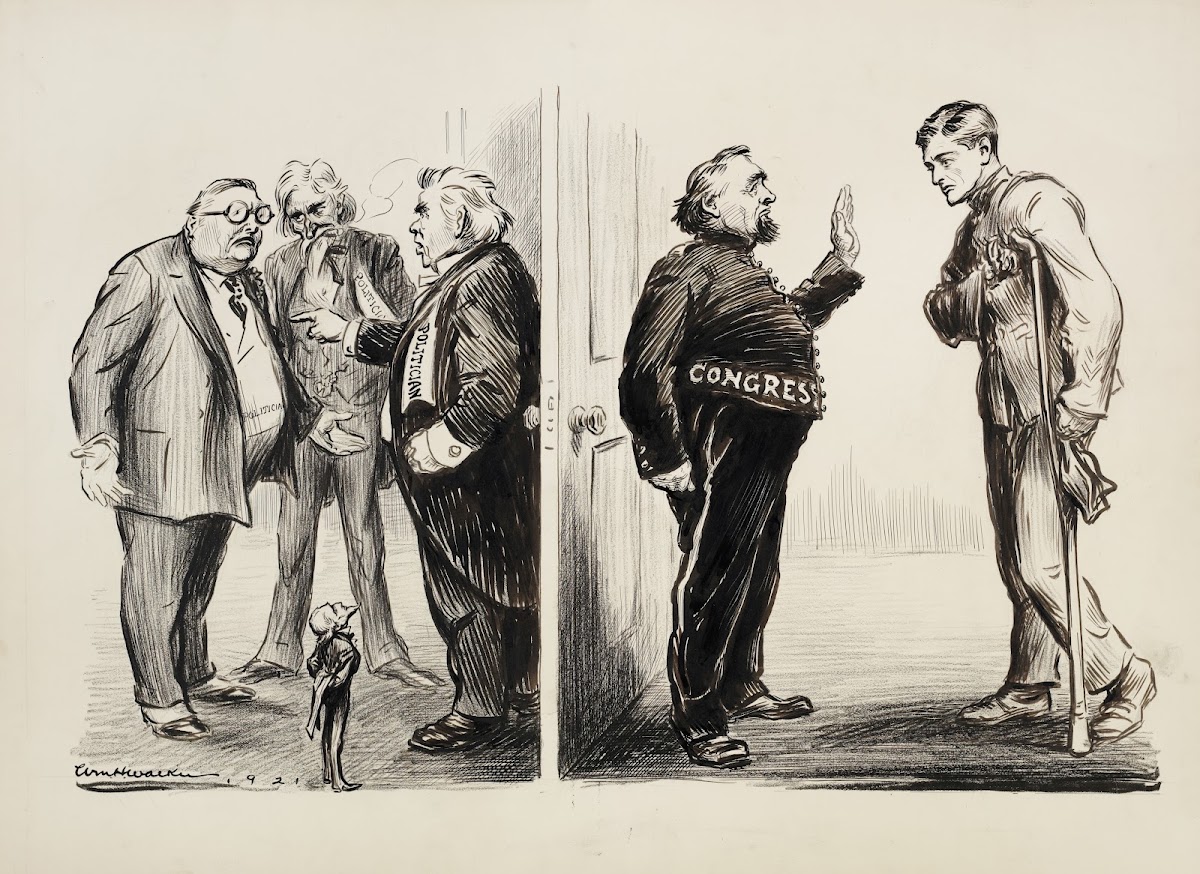 A wounded soldier is denied entrance to Congress where three stout politicians a
