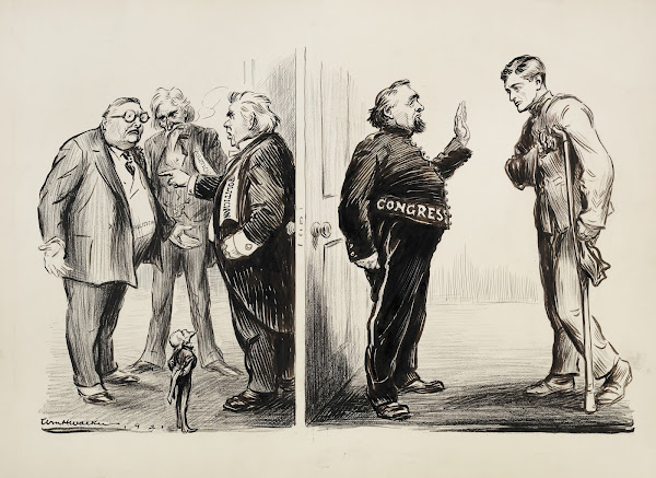 A wounded soldier is denied entrance to Congress where three stout politicians a