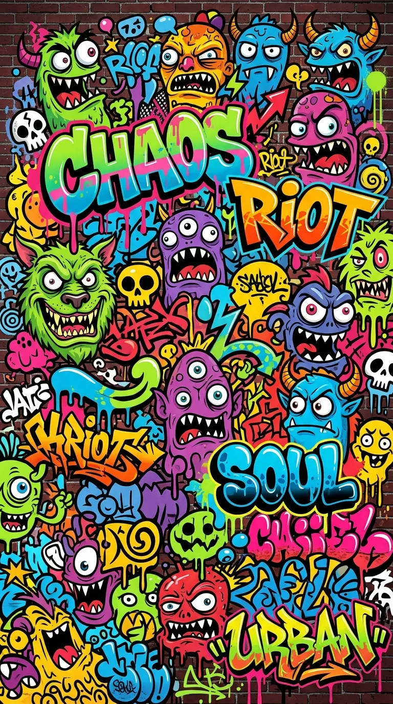 Dense Collage of Graffiti Characters and Typography on Wall - Free 4K mobile Wallpaper