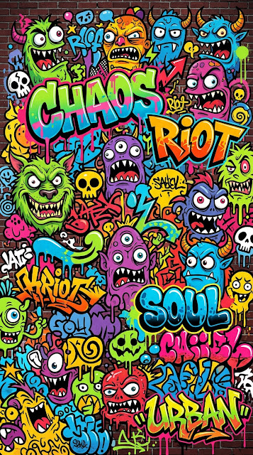 Dense Collage of Graffiti Characters and Typography on Wall - Free mobile Wallpaper