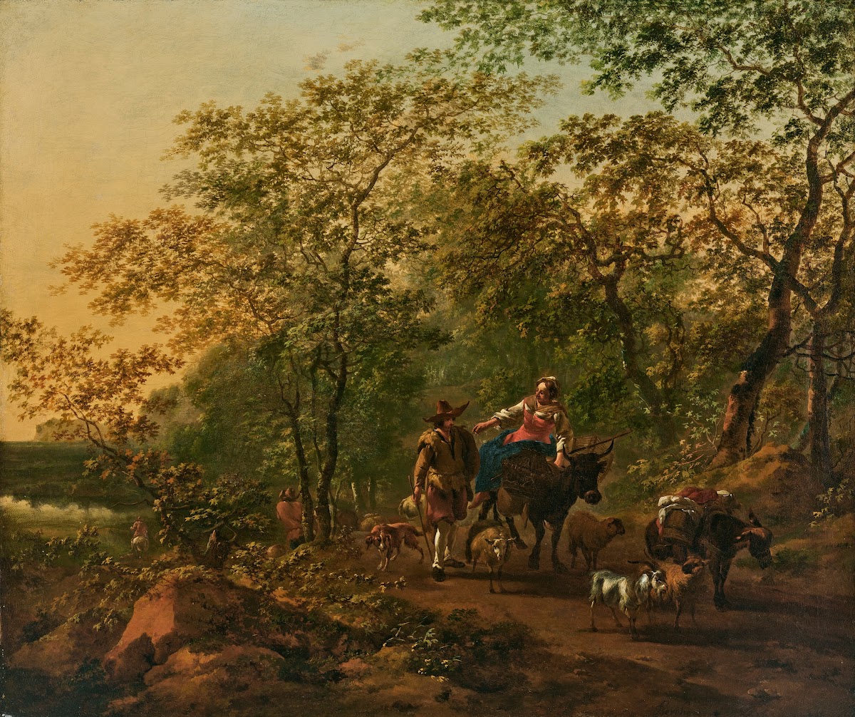 An Italianate wooded landscape with a woman riding an ox and a drover beside wit