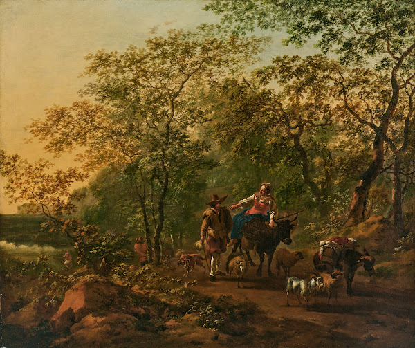 An Italianate wooded landscape with a woman riding an ox and a drover beside wit