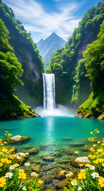 Hyperrealistic Lush Tropical Waterfall Plunging into a Bright Turquoise Blue Lagoon with Wildflowers - Free mobile Wallpaper