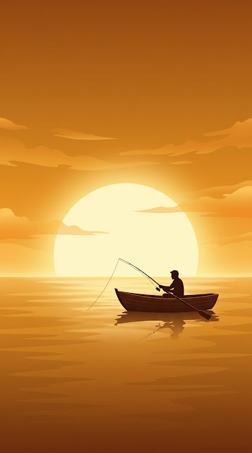 Minimalist Illustration of a Fisherman in a Boat at Golden Sunset - Free mobile Wallpaper