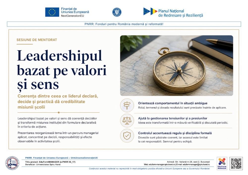 Coperta ghidului Leadershipul bazat pe valori și sens – Redescoperirea misiunii personale și instituționale