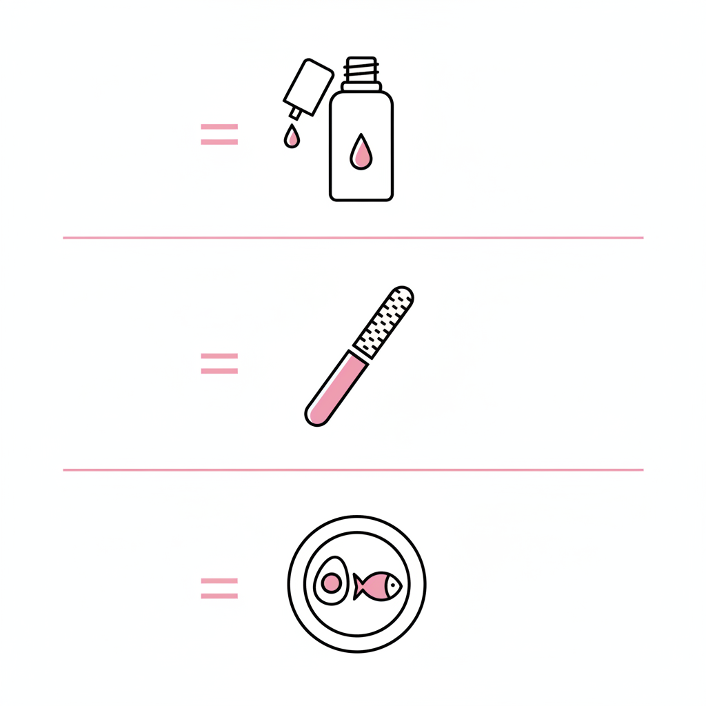 Minimalistische 2D-Infografik mit drei horizontalen Abschnitten (30/60/90 Tage) und Vektor-Icons: Nagelöl, Feile, Proteinteller. Nägel gesund wachsen lassen visuell erklärt.