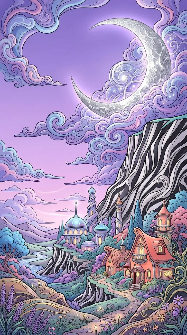Whimsical Landscape under Stylized Moon with Domes and Cottages - Free 4K mobile Wallpaper