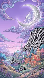 Whimsical Landscape under Stylized Moon with Domes and Cottages