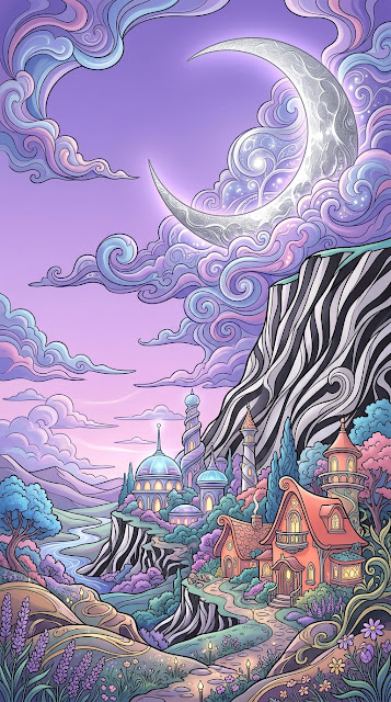 Whimsical Landscape under Stylized Moon with Domes and Cottages - Free mobile Wallpaper