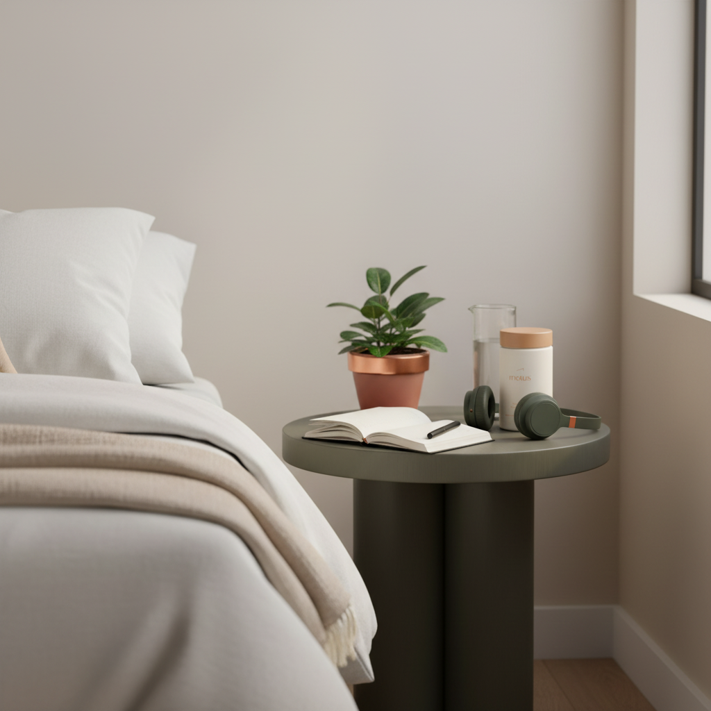 Minimalist bedroom scene with Tonum Motus supplement jar on bedside table beside water carafe, open journal, headphones and plant for a Drew Barrymore menopause article.