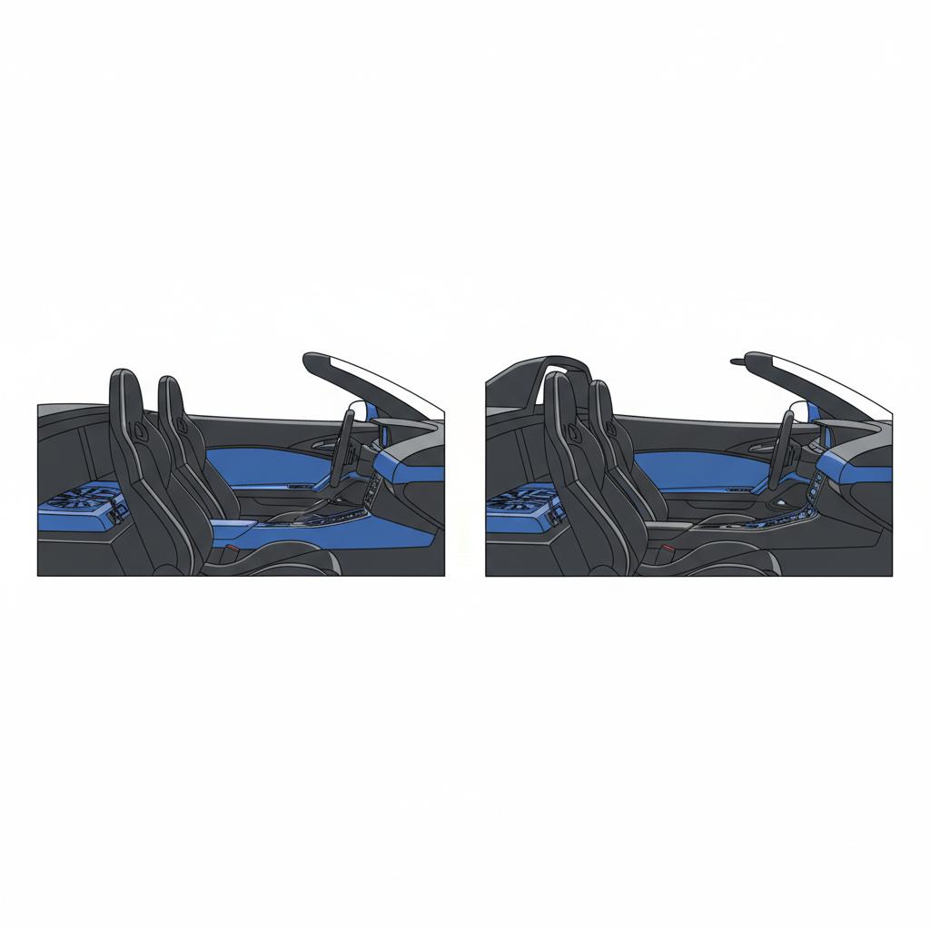 Minimalist 2D vector comparison of two seat cabin interiors showing Cayman and Boxster dashboards seating and mid engine packaging used porsche for sale