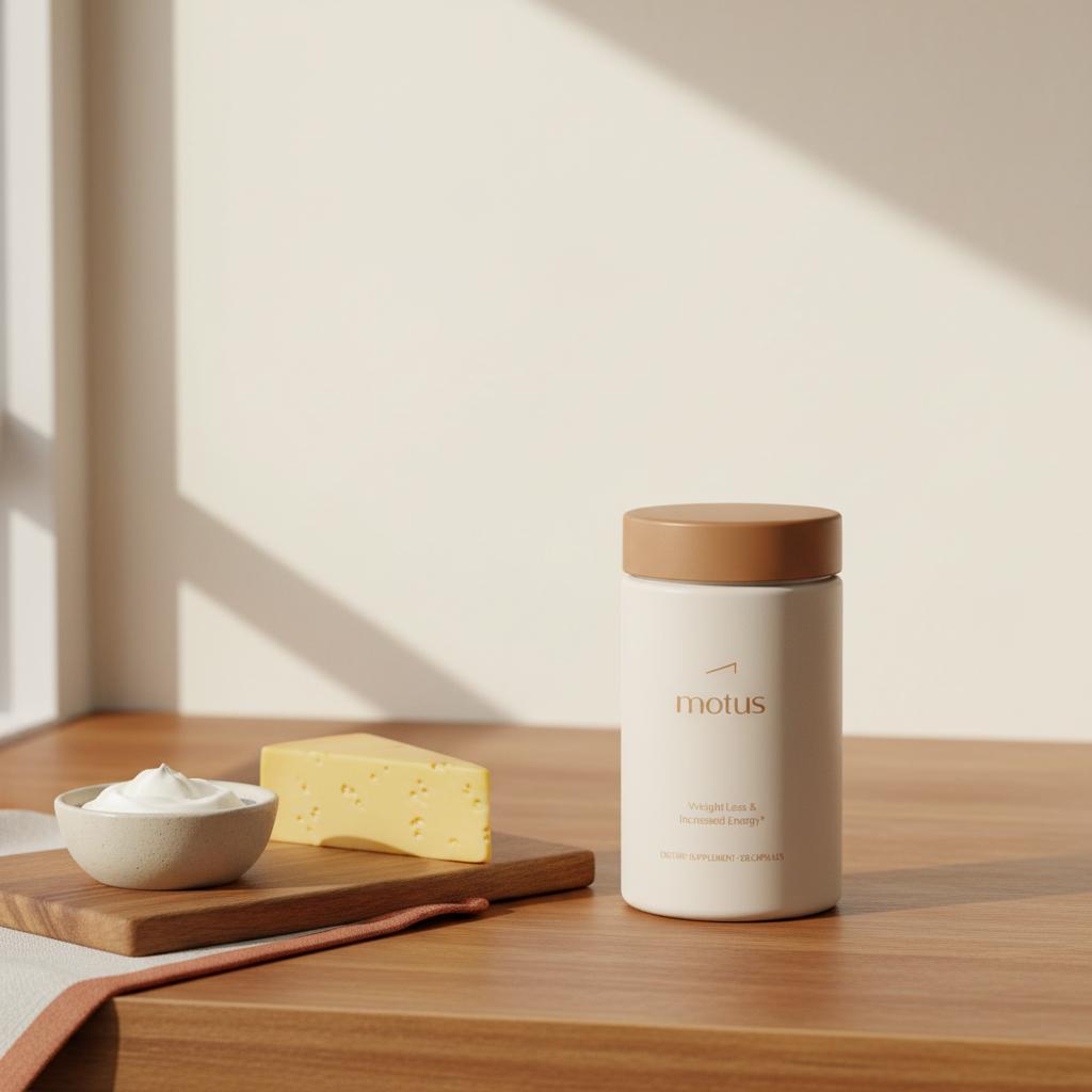 C15 Tonum supplement container on a wooden kitchen counter beside a ramekin of cream and a wedge of cheese in a bright, minimalist kitchen scene.