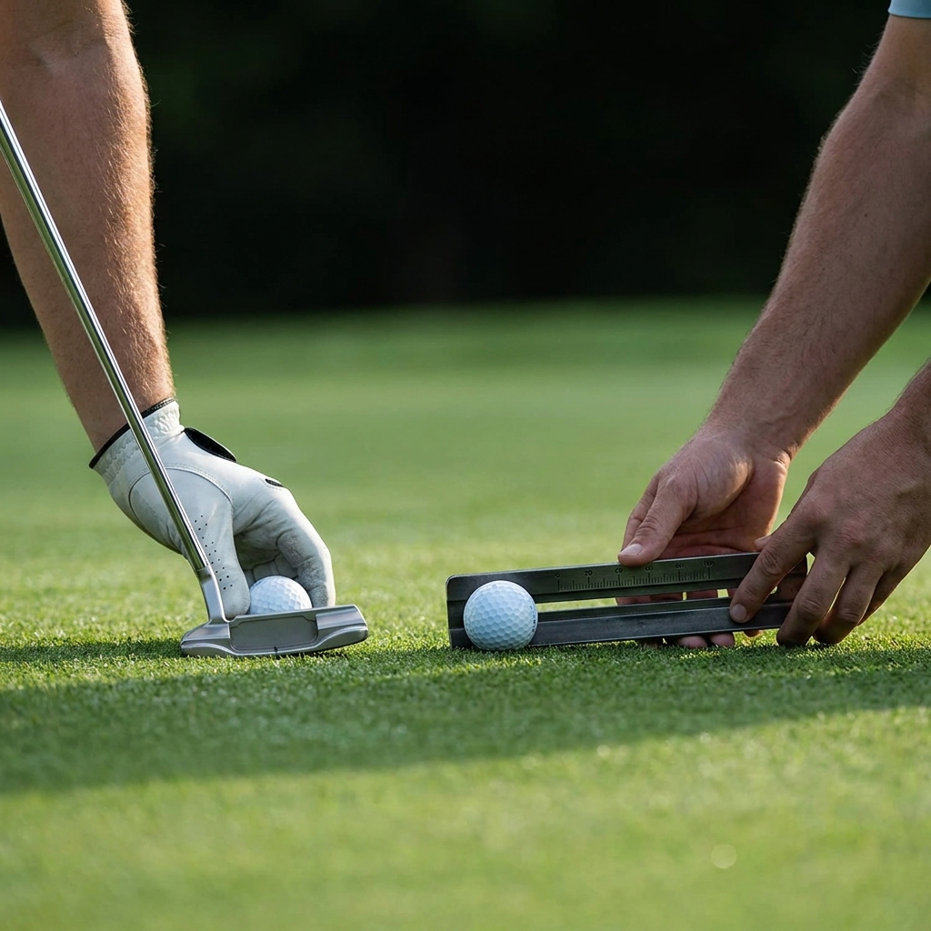 Why Putting Is Difficult to Predict close up of hands and equipment as one player makes a short putt while another records green speed with a stimpmeter minimalist Funded Plays aesthetic full frame