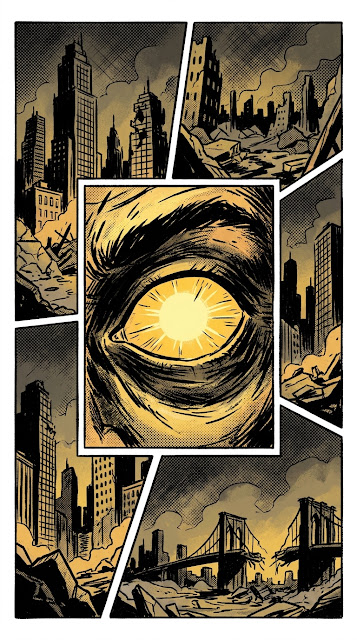 Comic Book Style Panel with Close-Up of Yellow Eye and Urban Ruins - Free mobile Wallpaper
