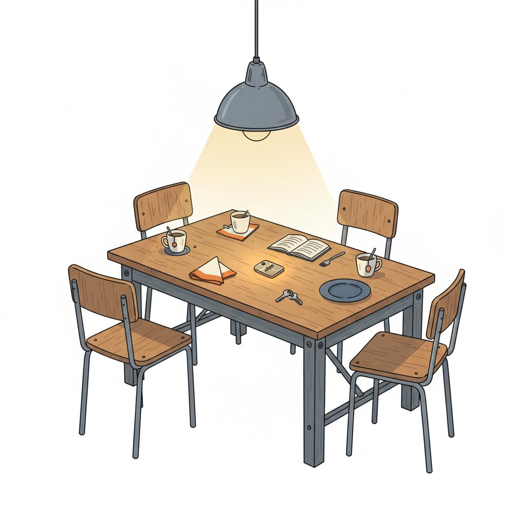 Minimalistische Vektor-Illustration eines Industrie-Esstischs mit Holzoberfläche, Metall-Anhänger zentral platziert und Tassen — perfekte Szene für eine einzigartige Botschaft zum Geburtstag