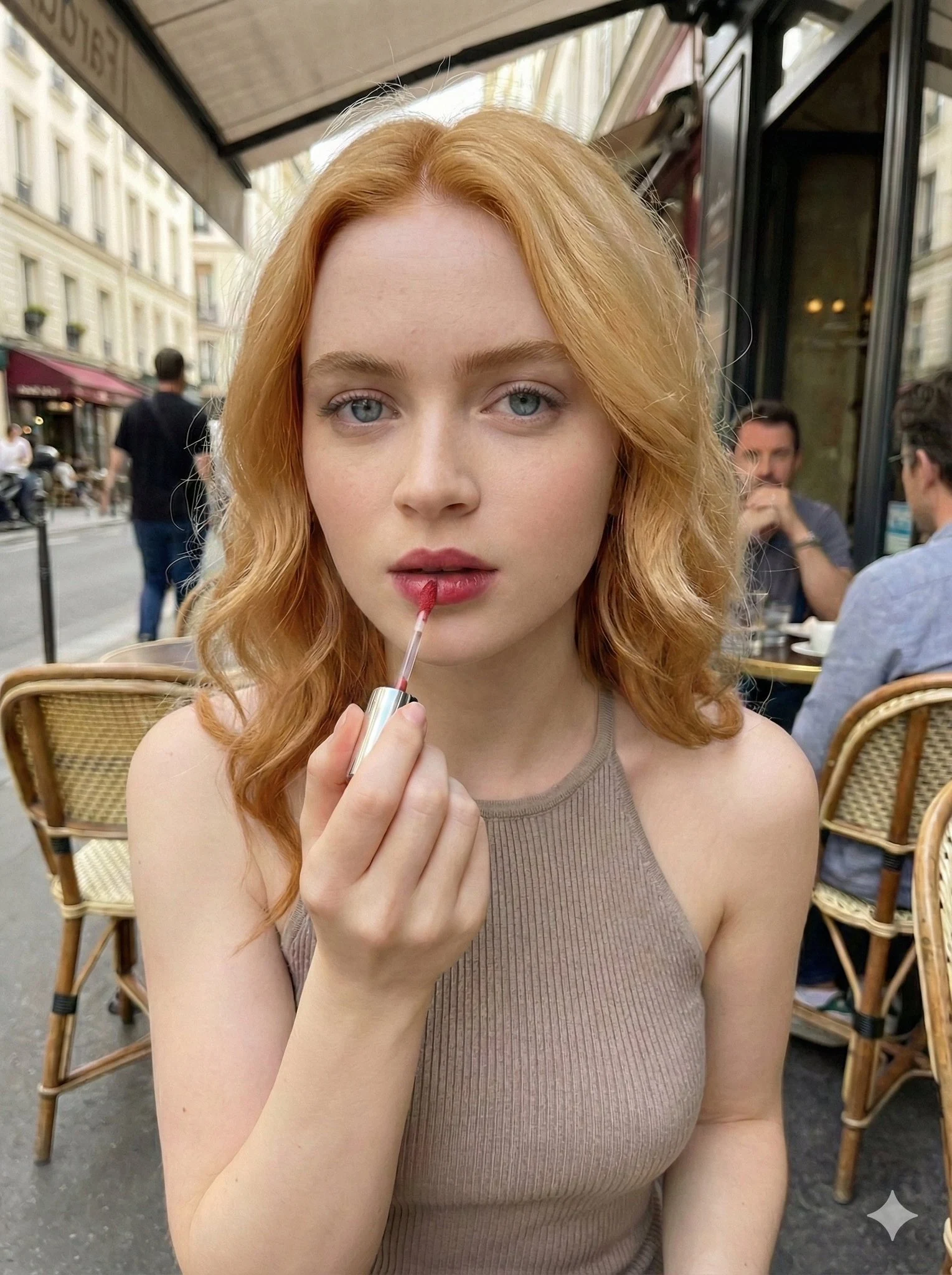 Retrato de belleza en una cafetería al aire libre: mujer rubia aplicándose brillo labial.