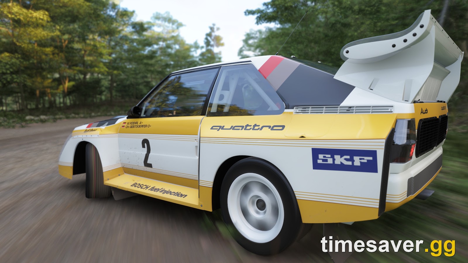 The 1986 Audi Sport quattro S1 rally car sliding through dirt in Forza Horizon 6