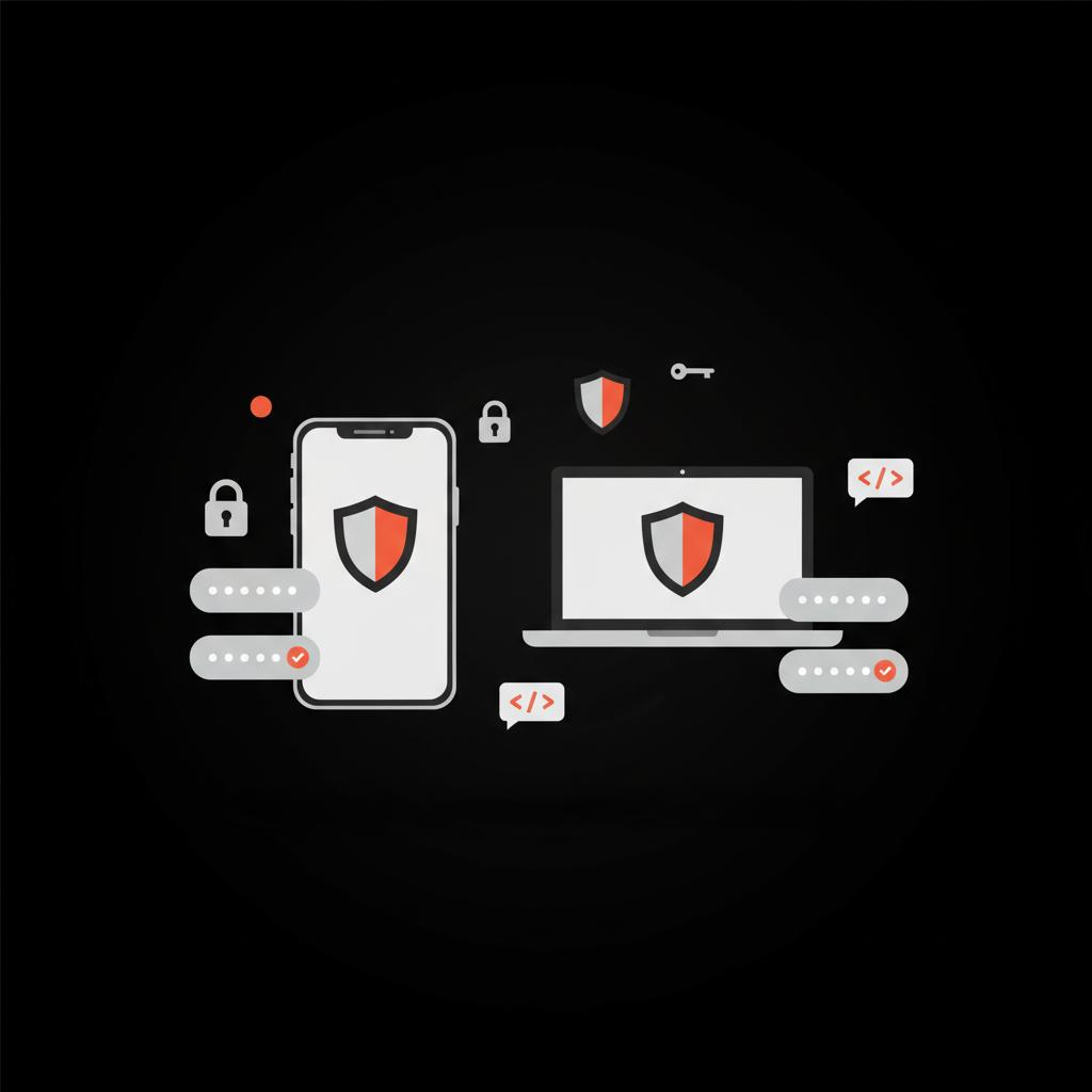 Minimal vector infographic of smartphone and laptop with shield icons and verification code bubbles on black background illustrating google account recovery.