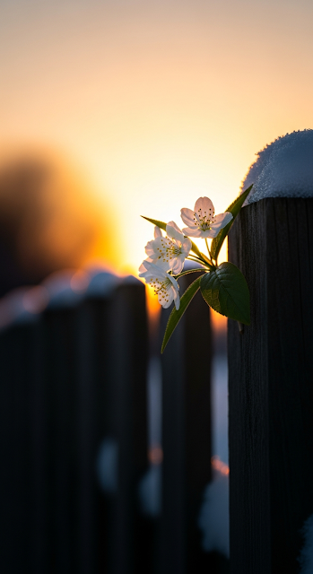White Flowers on a Dark Fence with Snow at Sunset or Sunrise in Winter - Free mobile Wallpaper